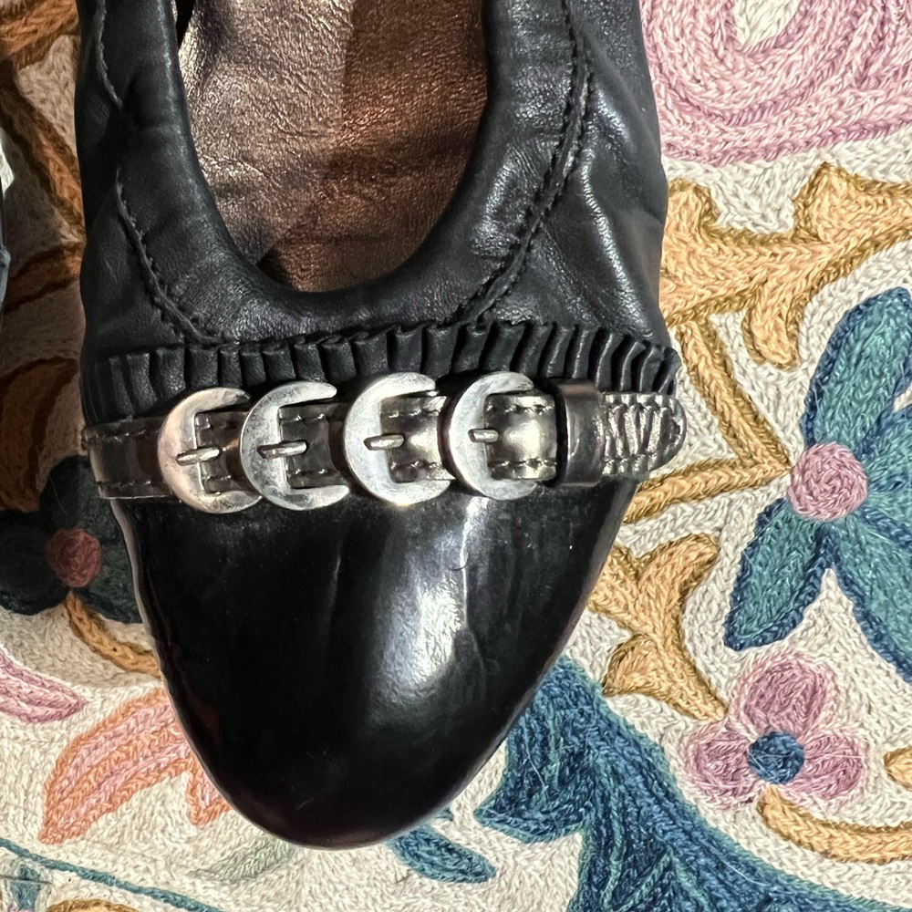 black AGL ballet flats with black patent cap toe & buckle detail